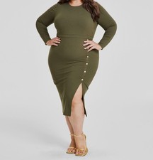 Nina Parker Women Green Rib-Knit Button Trim Round Neck Dress Plus Sz 1X