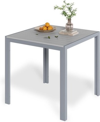 Quadratischer Gartentisch aus Aluminium und WPC, Wetterfest, Teakbraun+Hellgrau