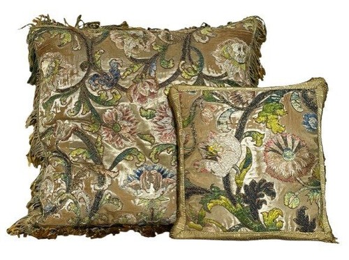 Antique 17thC Italian Silk Metallic Embroidery Satin Pillows Tassel Trim Baroque
