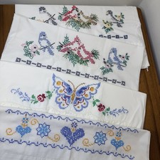 4 Vtg Hand Embroidered Pillowcases Cross Stitch Birds Butterfly Hearts Cottage