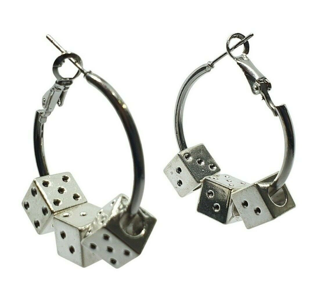 3 Dice Silver Plated Hoop Drop Dangle Earrings 30mm Gamble Chance Style-image