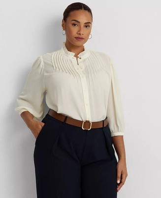 Lauren Ralph Lauren Womens Winter Cream Ruffle Neck Button Down Blouse Size XL
