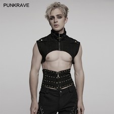 Punk Rave Men Black Gothic Punk Denim Stand Collar Short Vest Slim Waistcoat