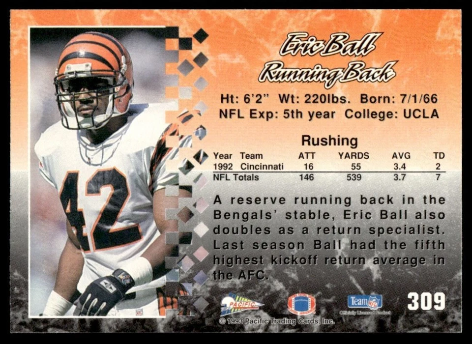 1993 Pacific Eric Ball Cincinnati Bengals #309 - Image 2 of 2