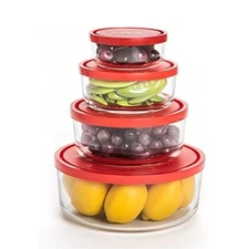 Bormioli Rocco Gelo 4 Piece Glass Round Food Storage Container Set with Red Lid