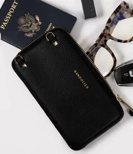 Bandolier Pebble Leather Expanded Zip Pouch Black With gold hardware