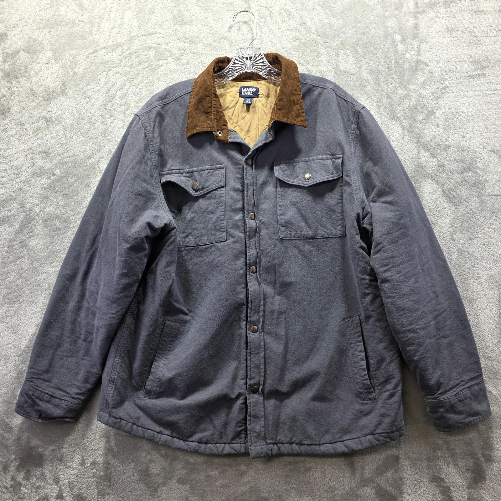 Lands End Barn Jacket Mens XL Gray Quilted Lined Corduroy Collar Insulated Chore