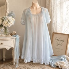 Vanity Fair Peignoir Set Blue Nylon Chiffon Lace Ribbon Tie Vintage Sz S