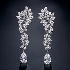 Luxury Leaf Marquise Zircon Long Drop Dangle Earrings Shiny AAA Cubic Zirconia B