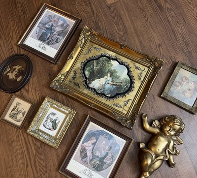 Vintage lot 8 gallery wall complete art pictures Victorian gold frame Cherub Set