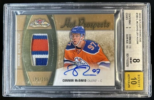 2015-16 Fleer Showcase Connor McDavid Patch Auto RC #/299 Oilers BGS 8/10
