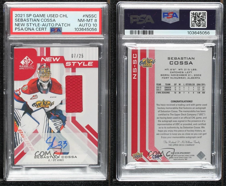 2021 SP Game Used CHL Edition Jersey 7/25 Sebastian Cossa #NS-SC PSA 8 Auto gs8 - Image 3 of 3