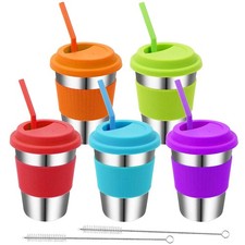 Stainless Steel Kids Cups 5 Pack 12oz Colorful Tumbler with Silicone Lids