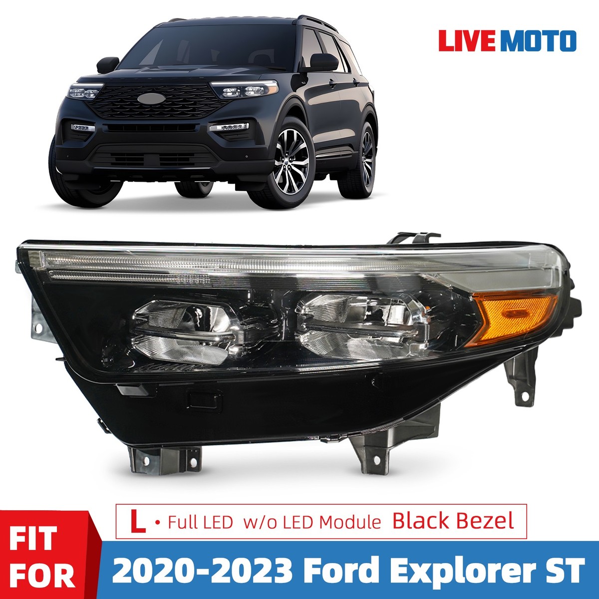 Headlight For 2020-2023 Ford Explorer ST with Bulb LED DRL Black