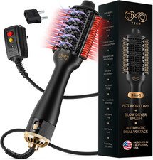 OMOteam 4-in-1 Blow Drying Brush Dual Voltage Ionic Hair Straightener 86mm Black
