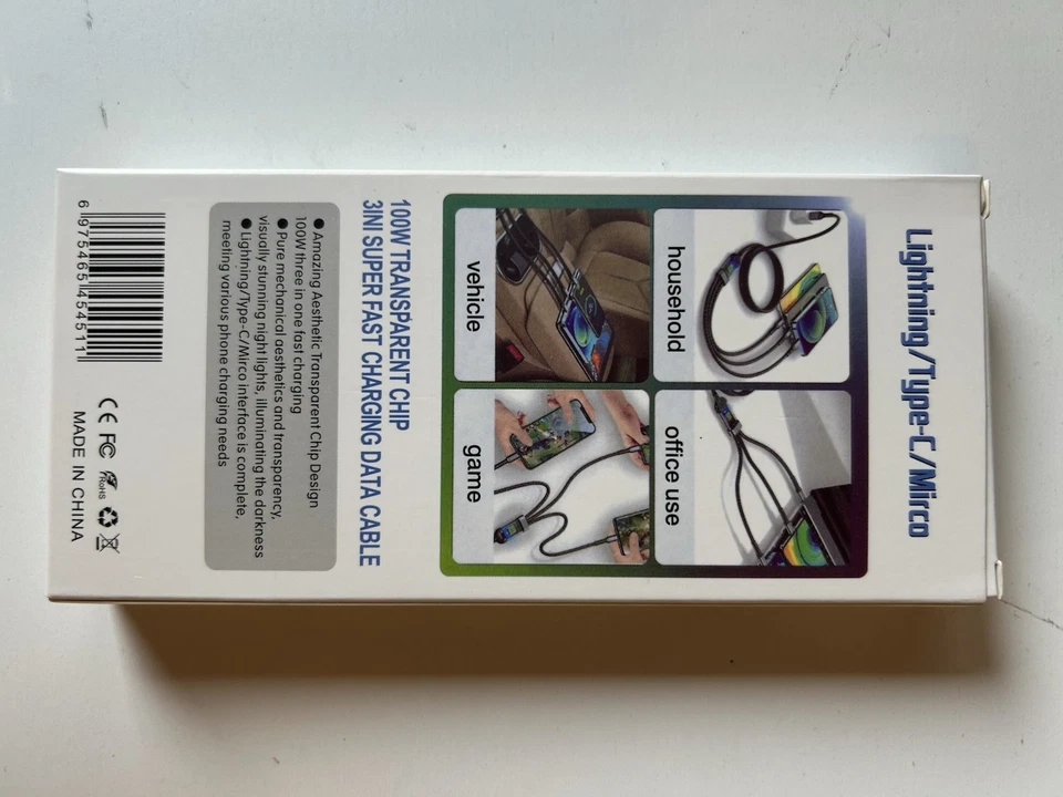 100W 3 in 1 Super Charging Cable 6A Micro USB Type C Fast Charger Type-C Cable D - Image 2 of 3