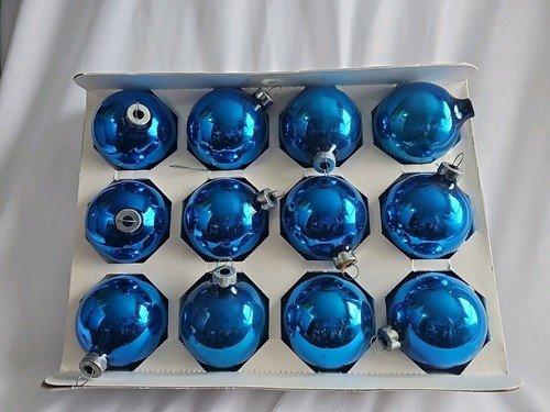 Palline di vetro natalizie vintage anni 70 Essex Franke Co. blu 2" decorazioni 12 lampadine in scatola - Foto 2 di 11