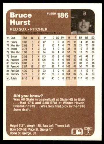 1983 Fleer - #186 Bruce Hurst Boston Red Sox Baseball Card - Picture 2 of 2