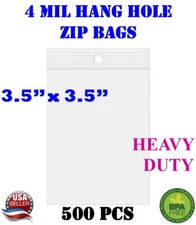 500 - 3.5" x 3.5" Zip Seal Reclosable 4Mil Top Lock Bags Hang Hole Heavy Duty