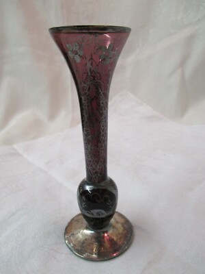 Vintage Purple Amethyst Glass Bud Vase w/ Silver Overlay Birds Flowers Leaves