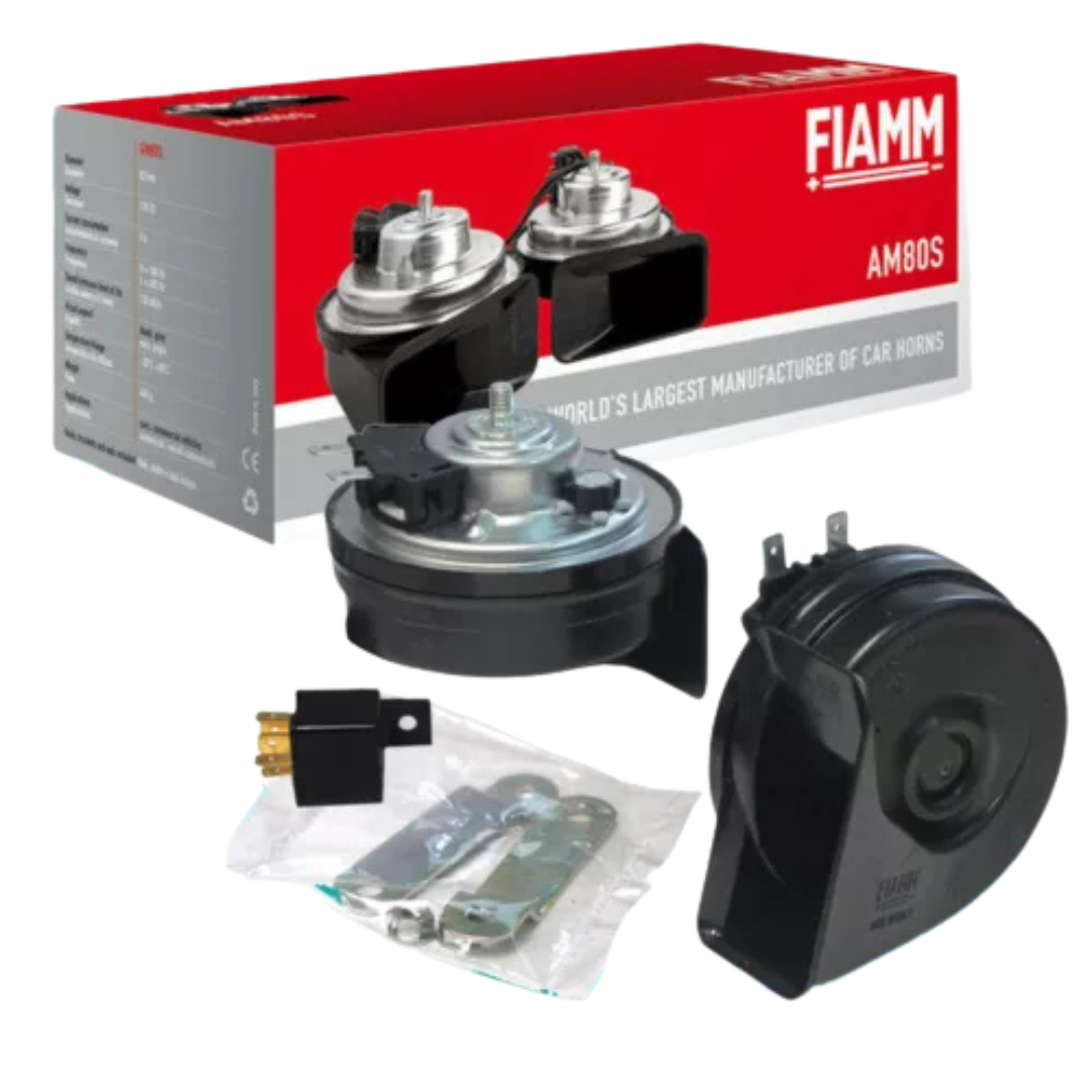 COPPIA TROMBE CLACSON FIAMM AM80SX 12V AUTO ORIGINALI FIAMM 932306Z RELE' STAFFA