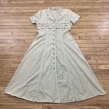 Nina Piccalino vtg Dress Pleat Jeweled Green Button Short Sleeve Peasant 12**