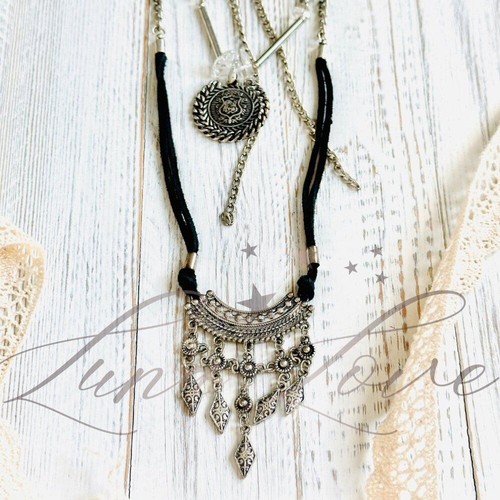 FREE PEOPLE Can't Stand The Rain Layered Necklace In Silver & Black NWT - Picture 5 of 6
