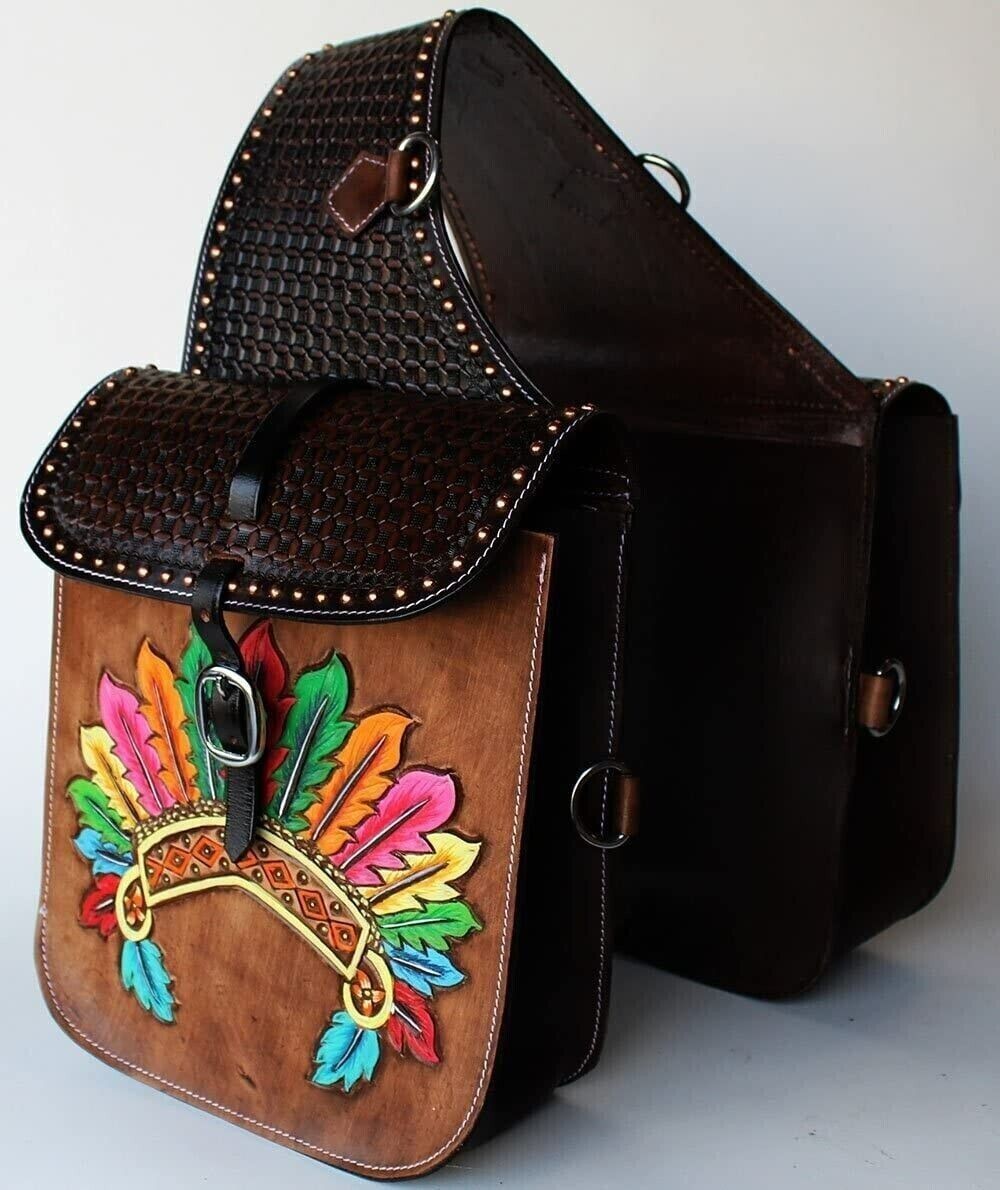 WESTERN SADDLE BAG HORSE COW HIDE GENUINE LEATHER TRAIL TOOLING CARVING