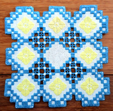 HAND EMBROIDERED HARDANGER DOILY - 5.75 x 5.75" - WHITE w BLUE & YELLOW, NEW