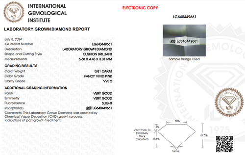 Pink Cushion Cut Lab Grown Diamond - IGI Certified - VVS2 - Picture 2 of 4