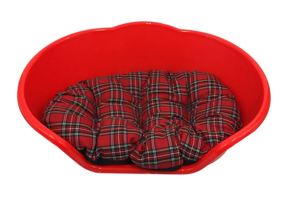 Large Plastic RED Dog Pet Bed With RED TARTAN Dog Cat Basket