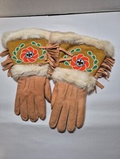 Yellow Suede Native American Beaded Rawhide Fur Trim Gloves