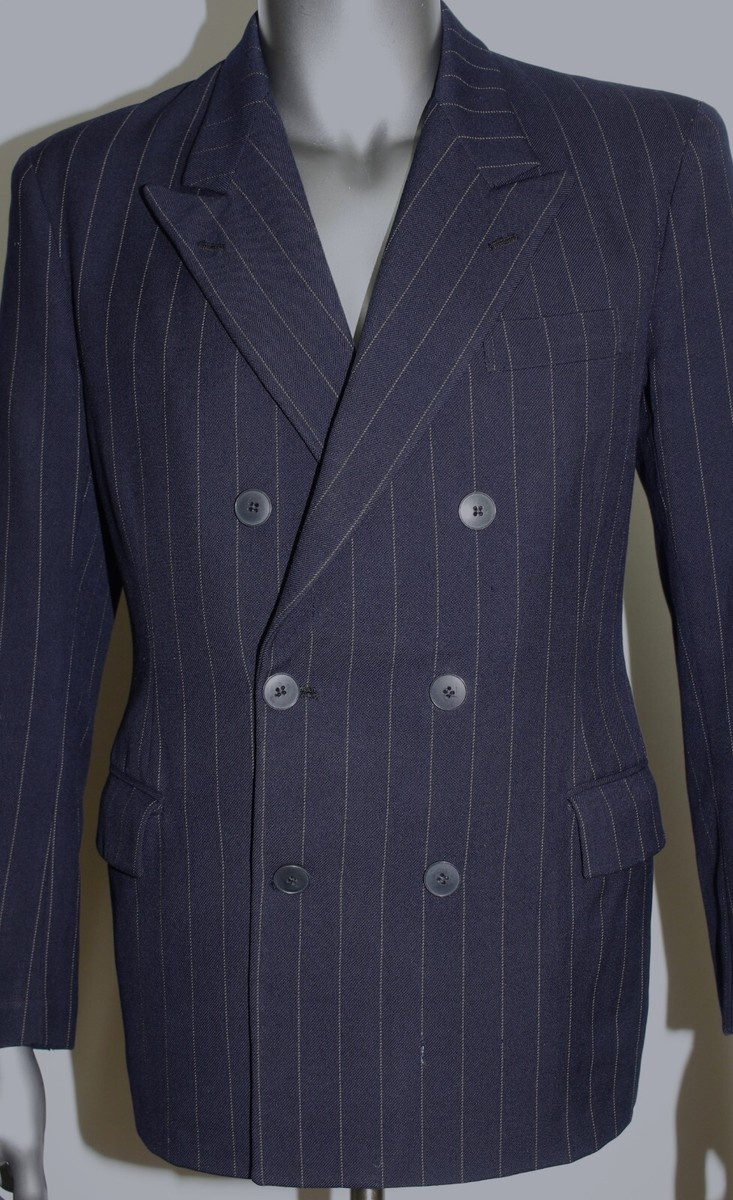 French 1940s Blue Striped Wool Double Breasted Tailored Suit