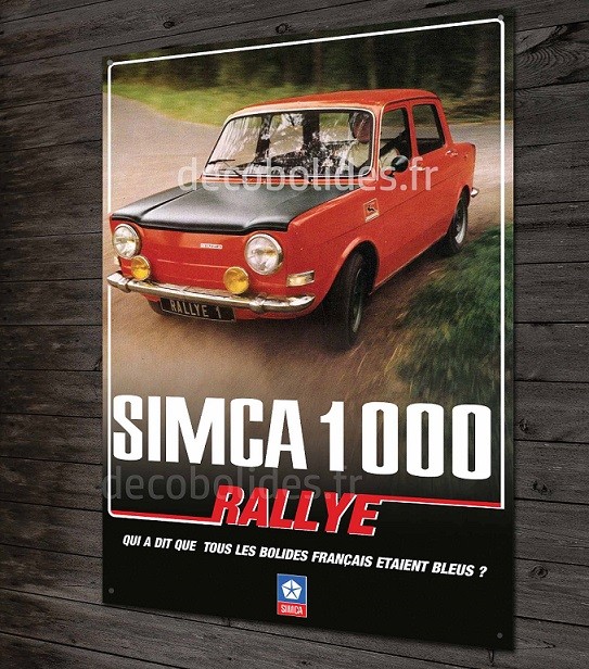 Plaque métal Simca 1000 Rallye pour habiller un mur de garage vide avec un style vintage 40x30