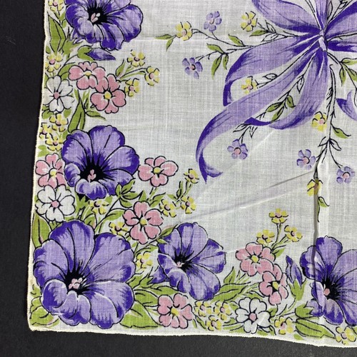Vintage Handkerchief Purple Petunia Floral Bow Hankie 13"x13" Cotton Lawn - Picture 6 of 13