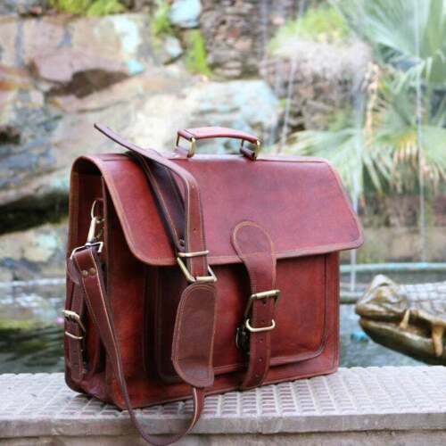 Men's Briefcase Real Goat Leather Vintage Brown Messenger Shoulder Laptop Bag