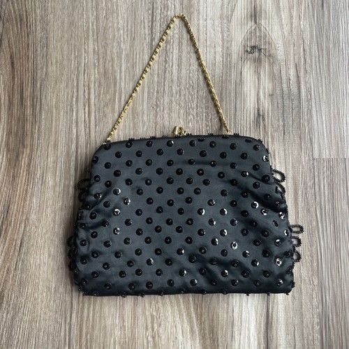 Clutch Bag Black Beaded Evening Purse Hong Kong MCM Kiss Lock Gold Chain Vtg - Picture 6 of 9