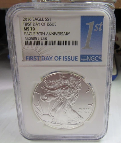 U.S. 2016 SILVER EAGLE FIRST DAY ISSUE NGC MS 70 , 30 TH. ANNIVERSARY*