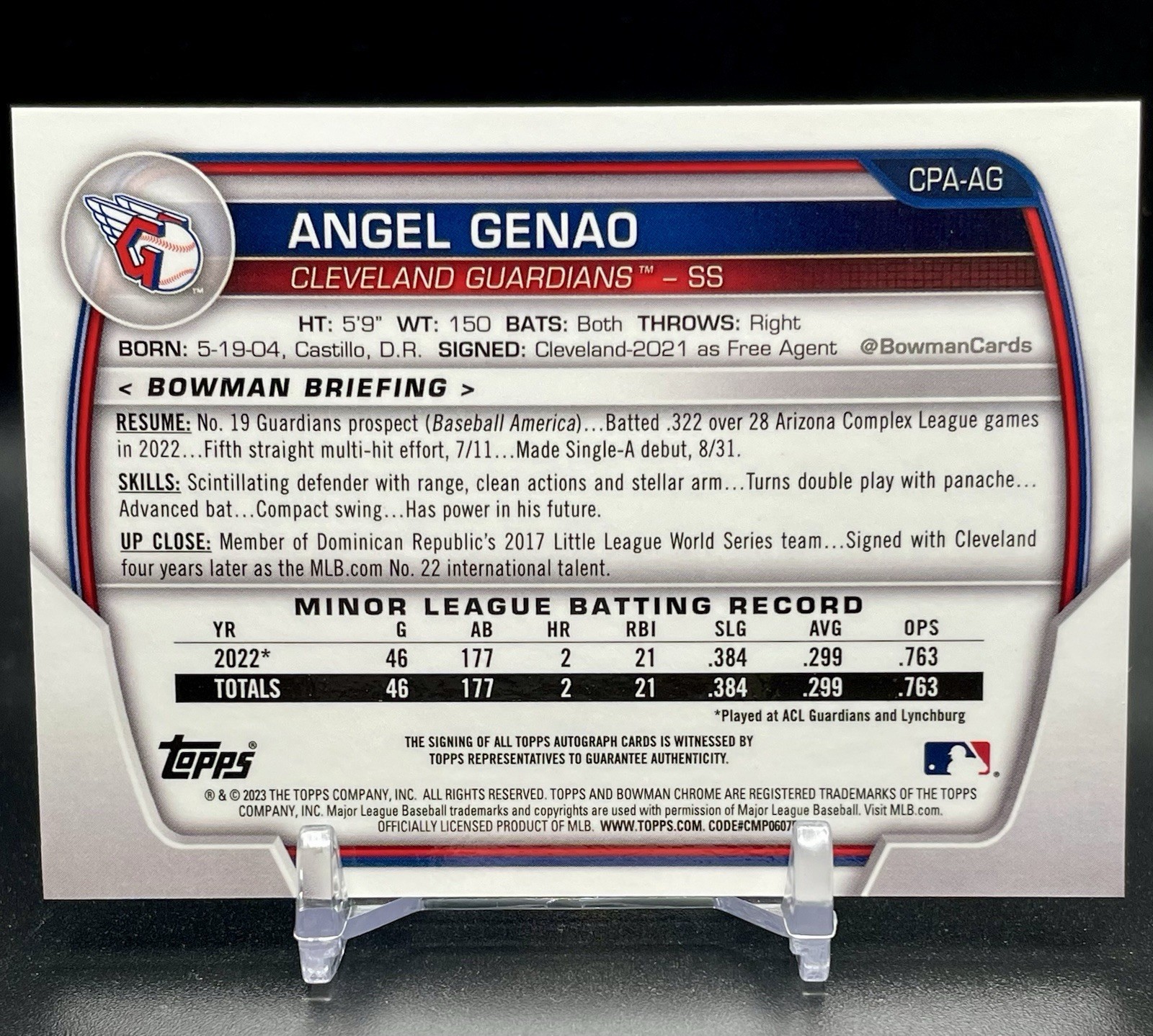 2023 Bowman #CPA-AG Angel Genao 1st Chrome Speckle Auto 272/299 view 2