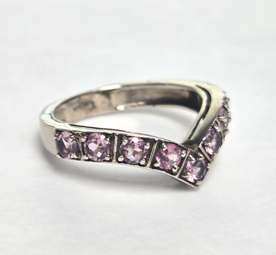 9ct White Gold Pink CZ Wishbone Ring Size N Hallmarked 375 V Shape Eternity 3g