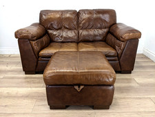 SOFA 2 Seater Tobacco Brown Real Leather Sewn In Cushion Footstool FREE DELIVERY