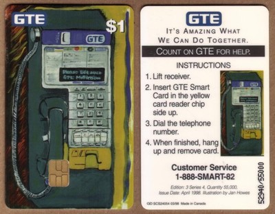 $1. Complimentary GTE Payphone (G&D Chip Card) April 1998 Phone Card