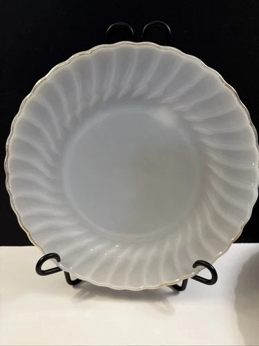 Vintage Anchor Hocking Fire King Swirl Milk Glass Gold Trim 10" Dinner Plate
