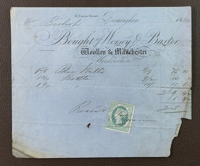 1854 Worsey & Baxter Woollen & Manchester Warehousemen Birmingham Invoice
