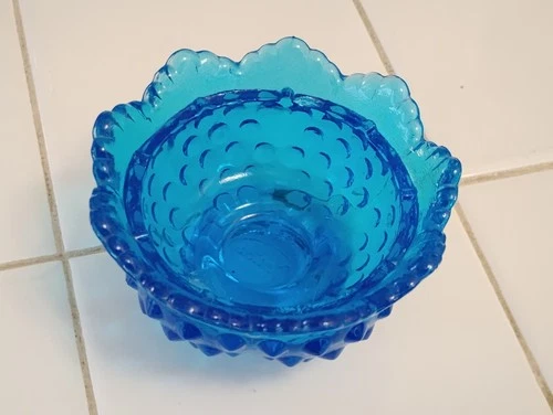 Vintage FENTON Art Glass Colonial Blue Hobnail Candle Bowl