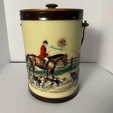 Bacova Guild Ice Bucket Fox Hunt Equestrian Scene Leather Handle Vintage Bar