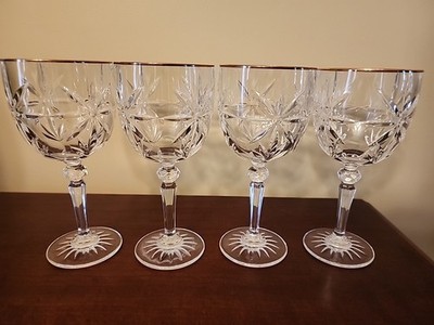Avon Wine Goblets Cut Glass 4 Gold Rim Star Fan Made France 24% Lead Crystal
