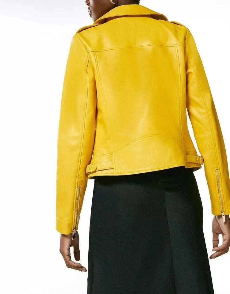 HOT! Women's Genuine yellow Lambskin Leather Jacket Slim Fit Biker jacket Coat - Image 3 of 4