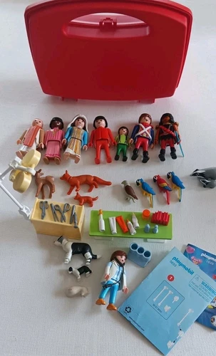 Vtg Playmobil  Lot Toy Figures Animals Deer Fox  Parrots VET'S Office  Nativity+