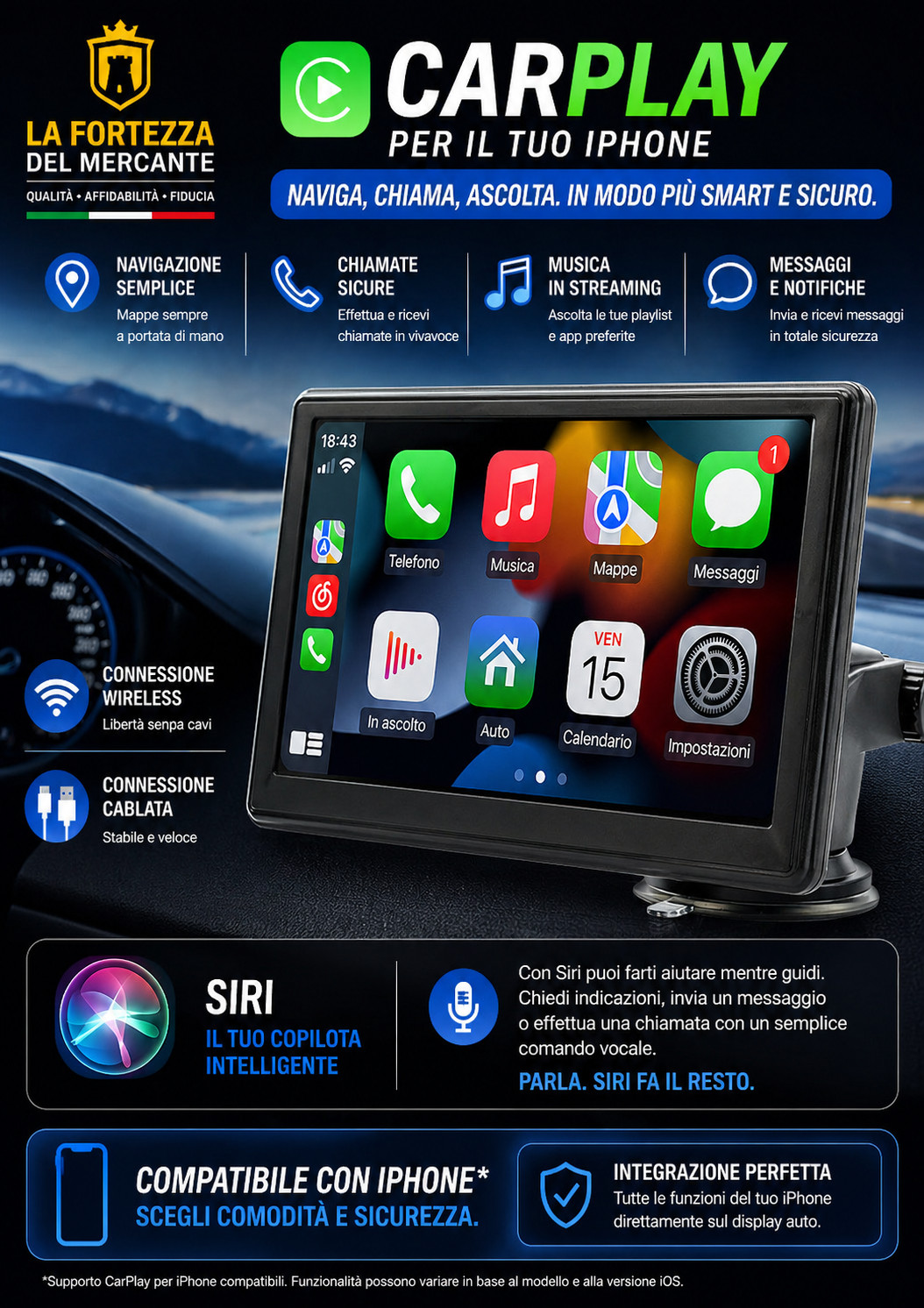 Display Auto 7" CarPlay Android Auto Wireless Bluetooth Telecamera Posteriore - Miniatura 6